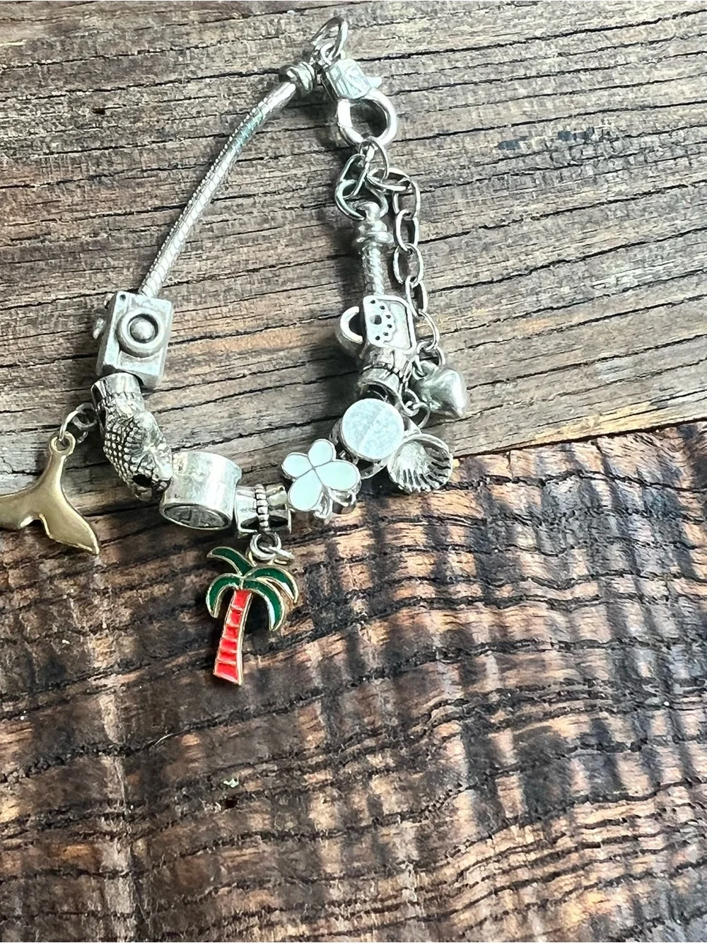Silver Charm Bracelet with Palm Tree and Shell Charms